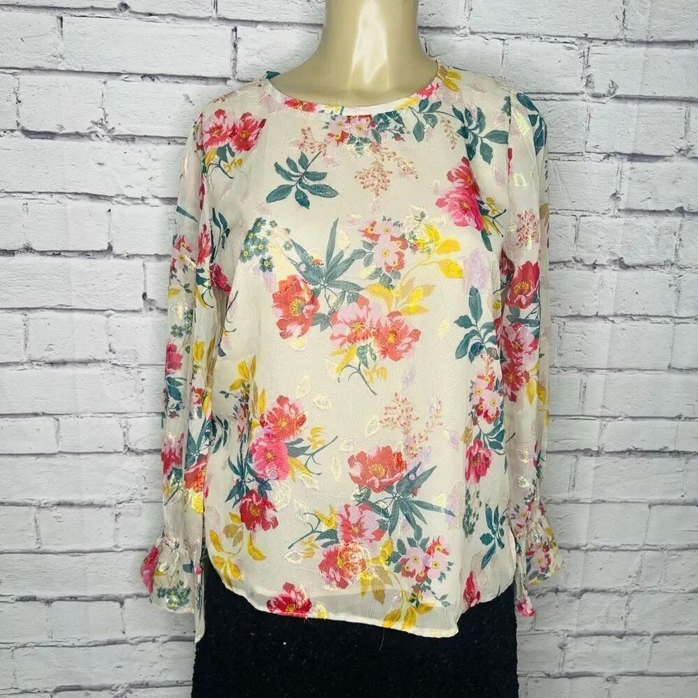 LOFT Womens Multicolor Floral Shimmer Bell Cuff Sleeve Blouse Size Medium NWT
